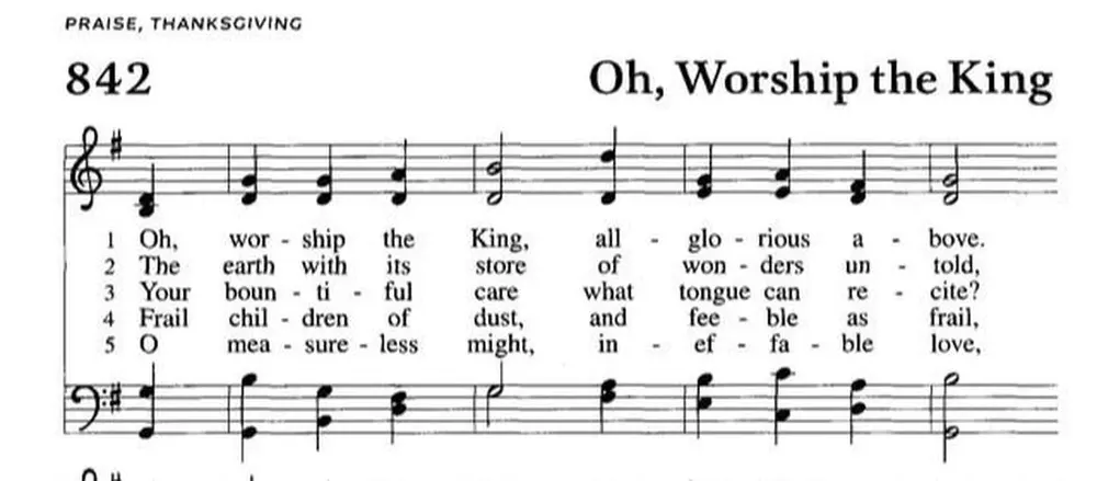 Hymn 842, Oh, Worship the King, from the songbook